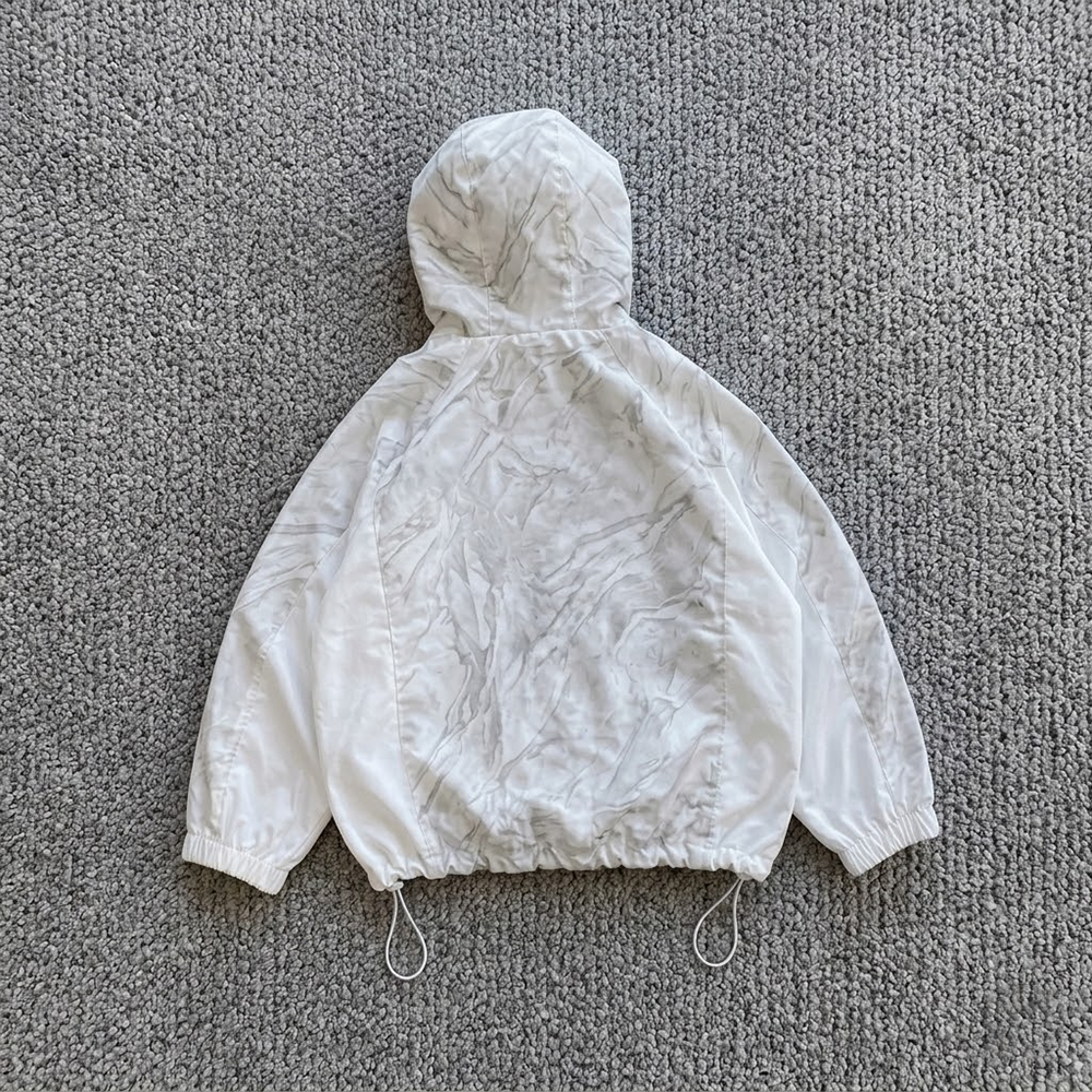 Custom Marble Print Polyester Waterproof Hooded Jacket Thin Windbreaker Full Zip Front Pocket Unisex Outdoor Streetwear Spring