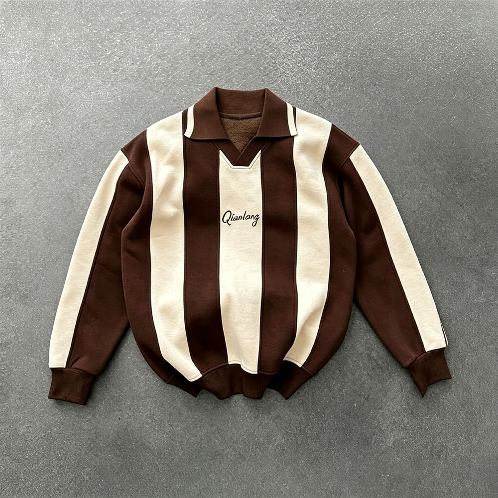 Men's Contrast Color Stripe Long Sleeve Polo Shirt Oversized Boxy Football Knit Wear Custom Design Logo Embroidered Rugby Jersey