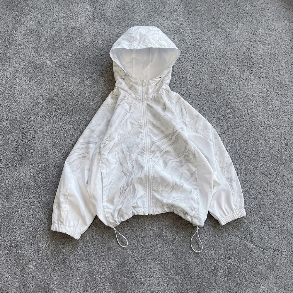 Custom Marble Print Polyester Waterproof Hooded Jacket Thin Windbreaker Full Zip Front Pocket Unisex Outdoor Streetwear Spring