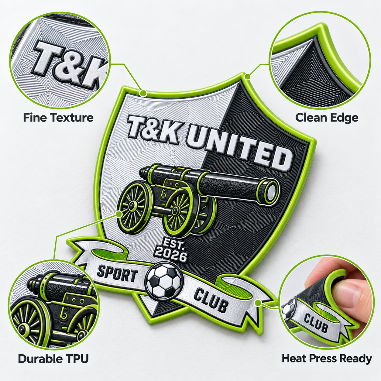 Custom TPU Patch Soccer Club Shield Crest Black Neon Green Emblem Custom Logo For Sportswear Clothing And Garment