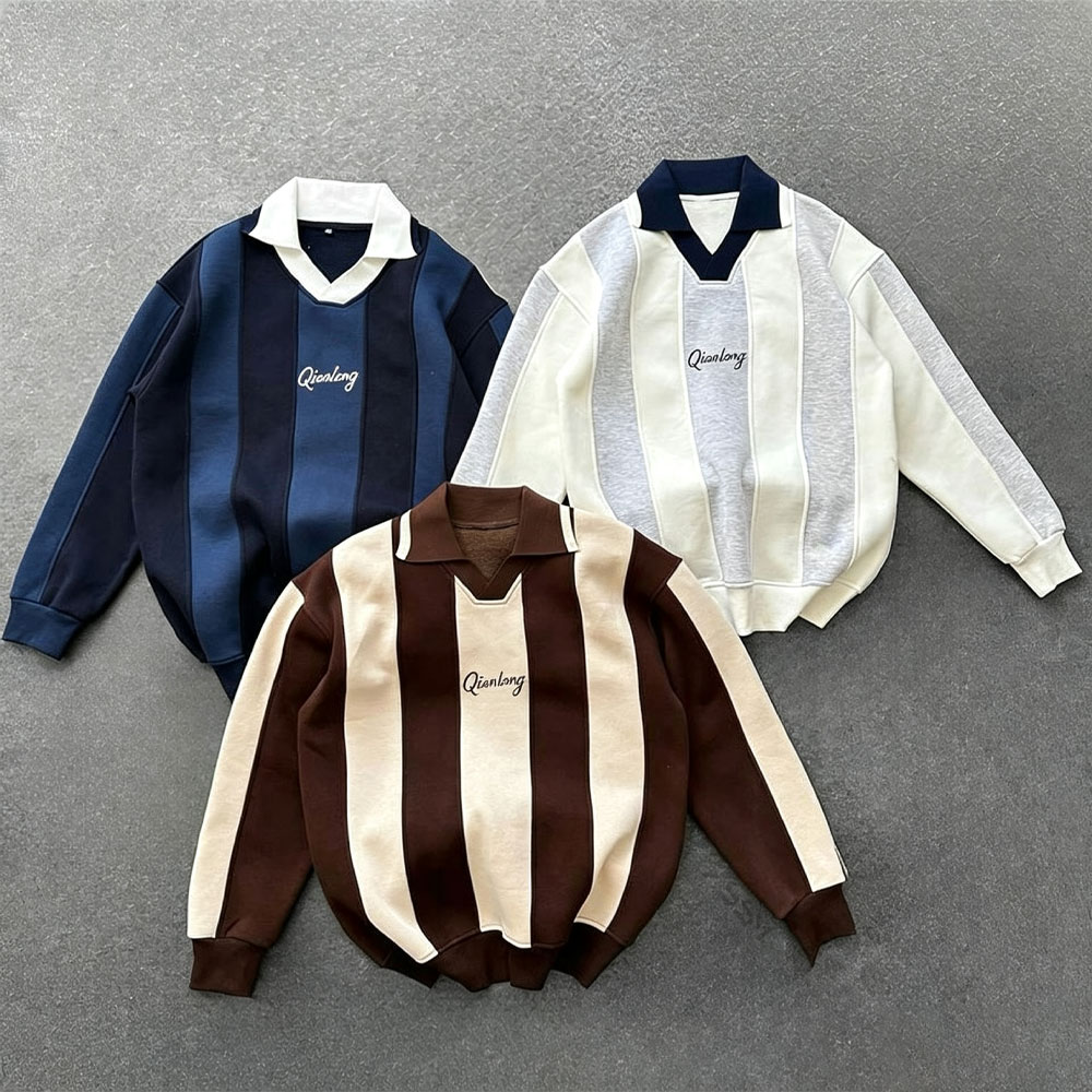 Men's Contrast Color Stripe Long Sleeve Polo Shirt Oversized Boxy Football Knit Wear Custom Design Logo Embroidered Rugby Jersey