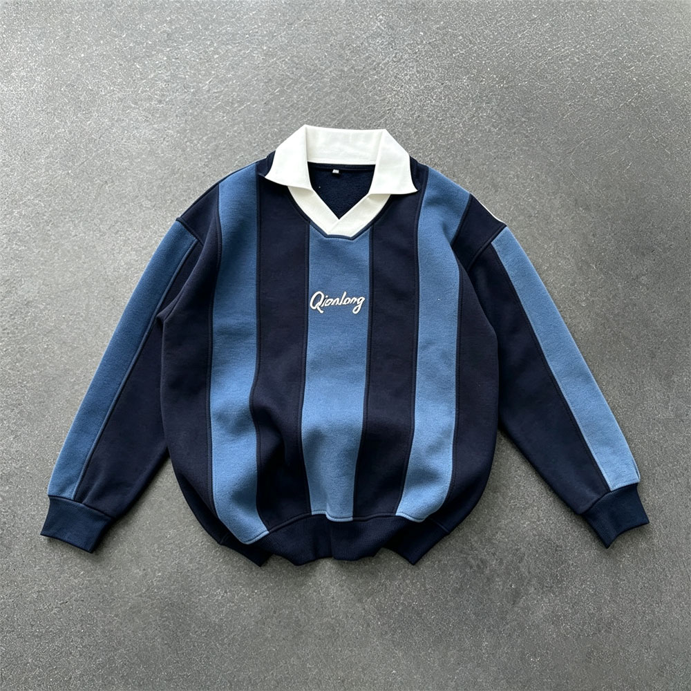 Men's Contrast Color Stripe Long Sleeve Polo Shirt Oversized Boxy Football Knit Wear Custom Design Logo Embroidered Rugby Jersey