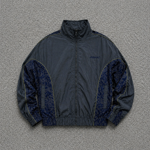 Custom Logo Navy Nylon Quilted Jacket O-Neck Jacquard Panel Zip-Up Windbreaker