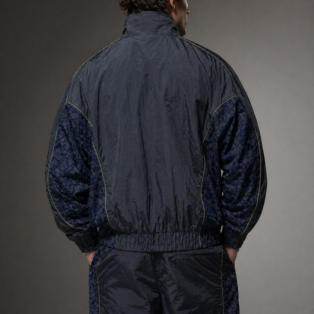 Custom Logo Navy Nylon Quilted Jacket O-Neck Jacquard Panel Zip-Up Windbreaker Streetwear Spring Thin For Men Private Label