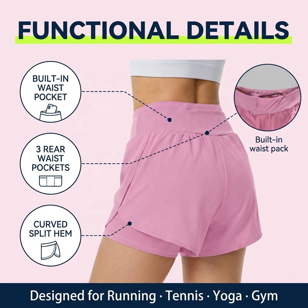 Custom Women's High Waist 2-in-1 Running Shorts Quick Dry Breathable 4-Way Stretch Fitness Gym Shorts