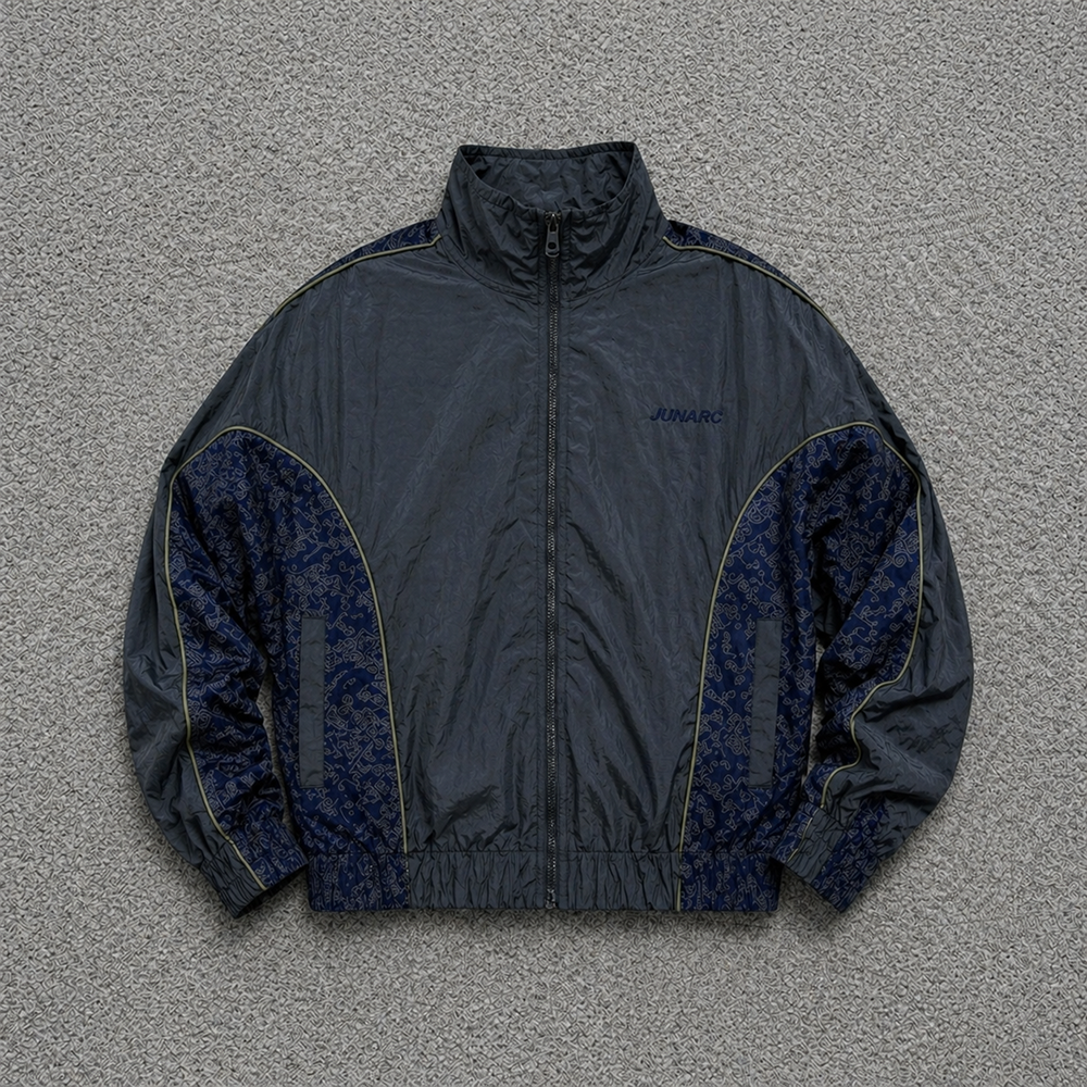Custom Logo Navy Nylon Quilted Jacket O-Neck Jacquard Panel Zip-Up Windbreaker Streetwear Spring Thin For Men Private Label