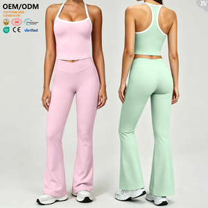 Women Spaghetti Straps Fitness Top with Flared Pants