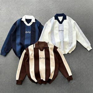 Men's Contrast Color Stripe Long Sleeve Polo Shirt Rugby Jersey