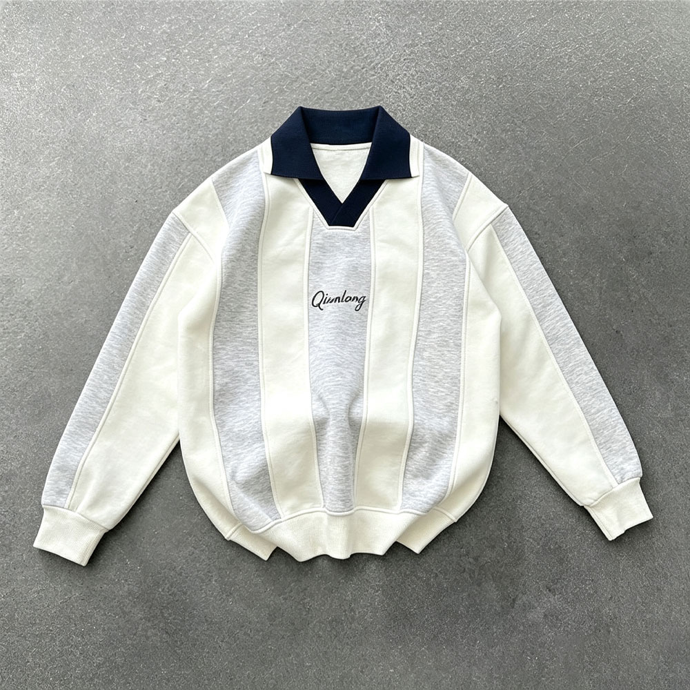 Men's Contrast Color Stripe Long Sleeve Polo Shirt Oversized Boxy Football Knit Wear Custom Design Logo Embroidered Rugby Jersey