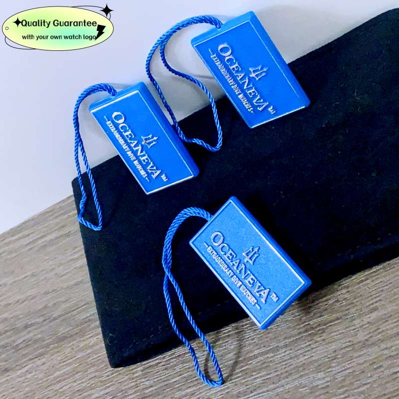 High Quality Handmade Custom Brand Name Embossed Logo Plastic String Seal Hang Tags for Watch