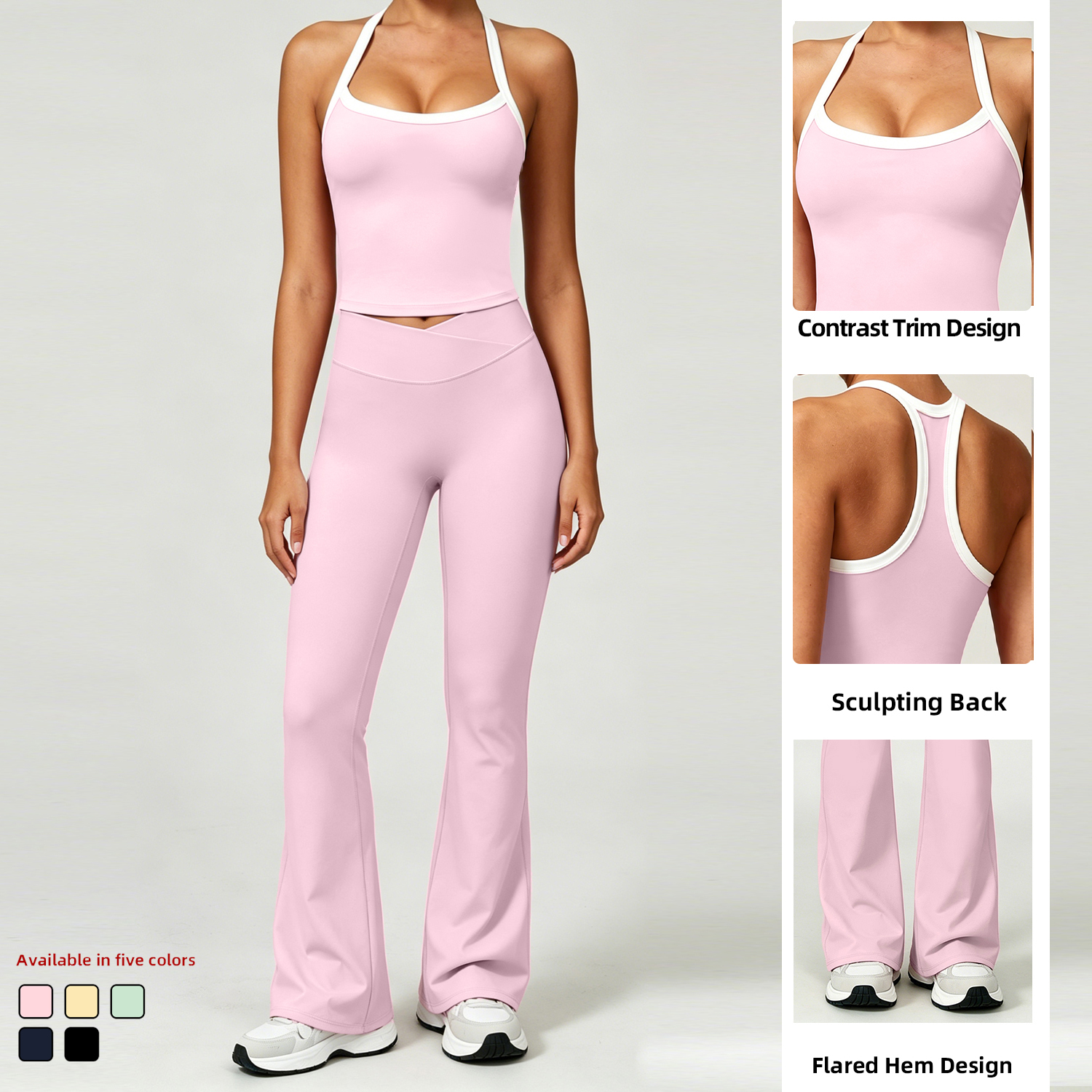 OEM ODM Quick Dry Women Spaghetti Straps Fitness Top with Flared Pants Wholesale Soft Gym Yoga Clothes High End Lady Sportswear