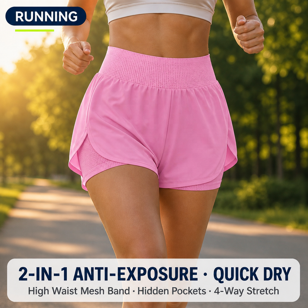 Custom Women's High Waist 2-in-1 Running Shorts Quick Dry Breathable 4-Way Stretch Fitness Gym Shorts