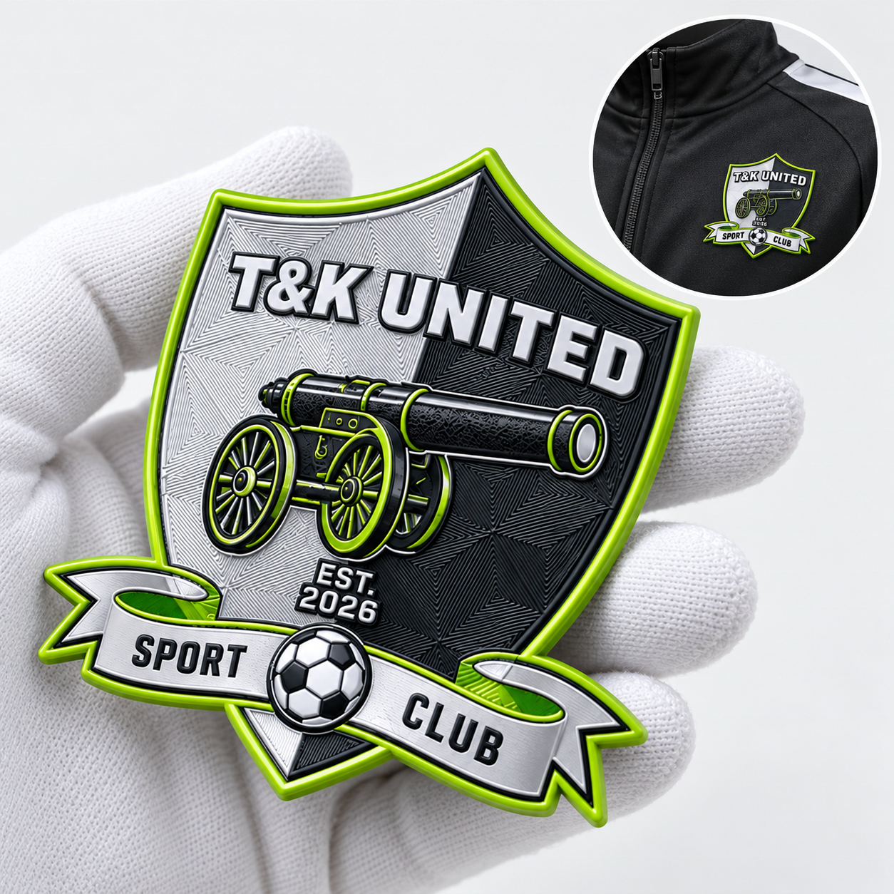 Custom TPU Patch Soccer Club Shield Crest Black Neon Green Emblem Custom Logo For Sportswear Clothing And Garment