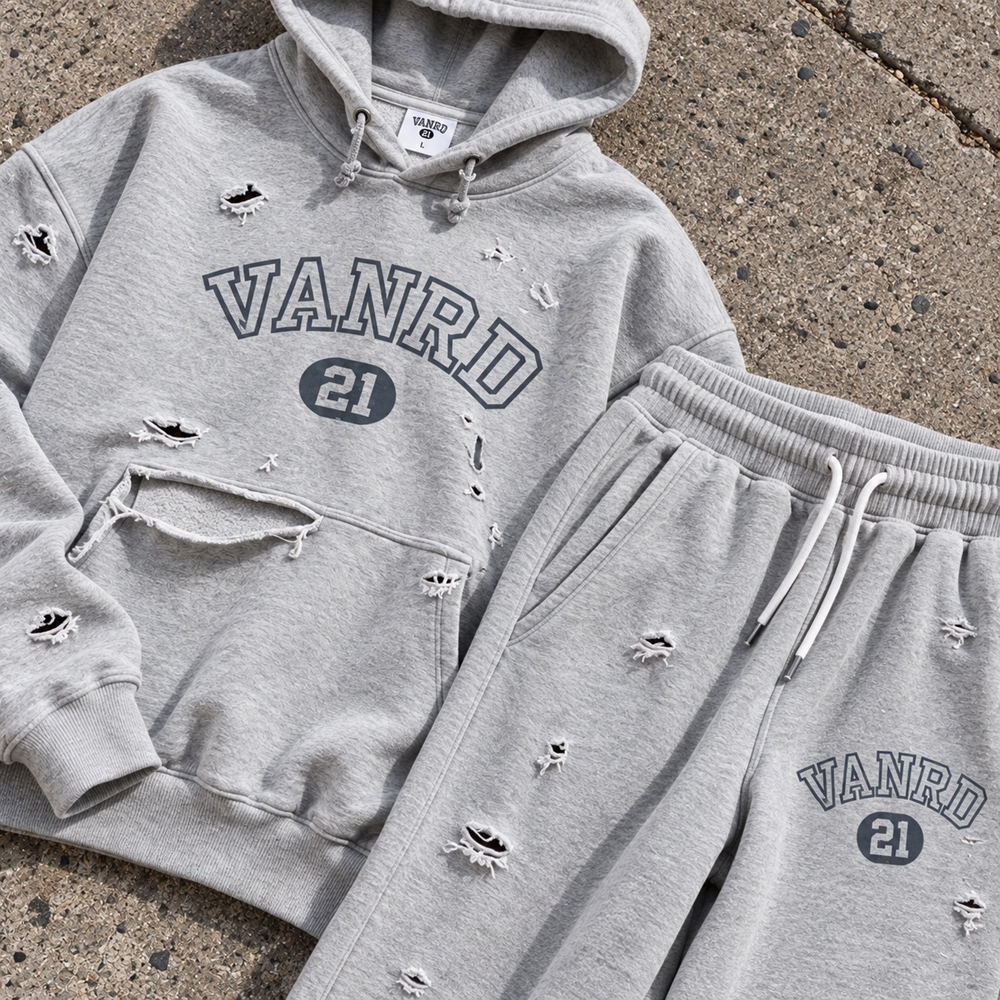 Custom Heavyweight 320 GMS Sweatsuit Oversized Blank Hoodie Set Baggy Streetwear Reflective Unisex Tracksuit Men Sweatpants Set