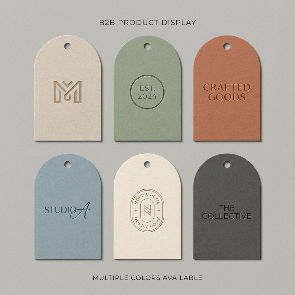 Custom Arched Hang Tags | Oatmeal Cotton Paper | Deep Debossed Logo | Garment Clothing Labels OEM Low MOQ 100