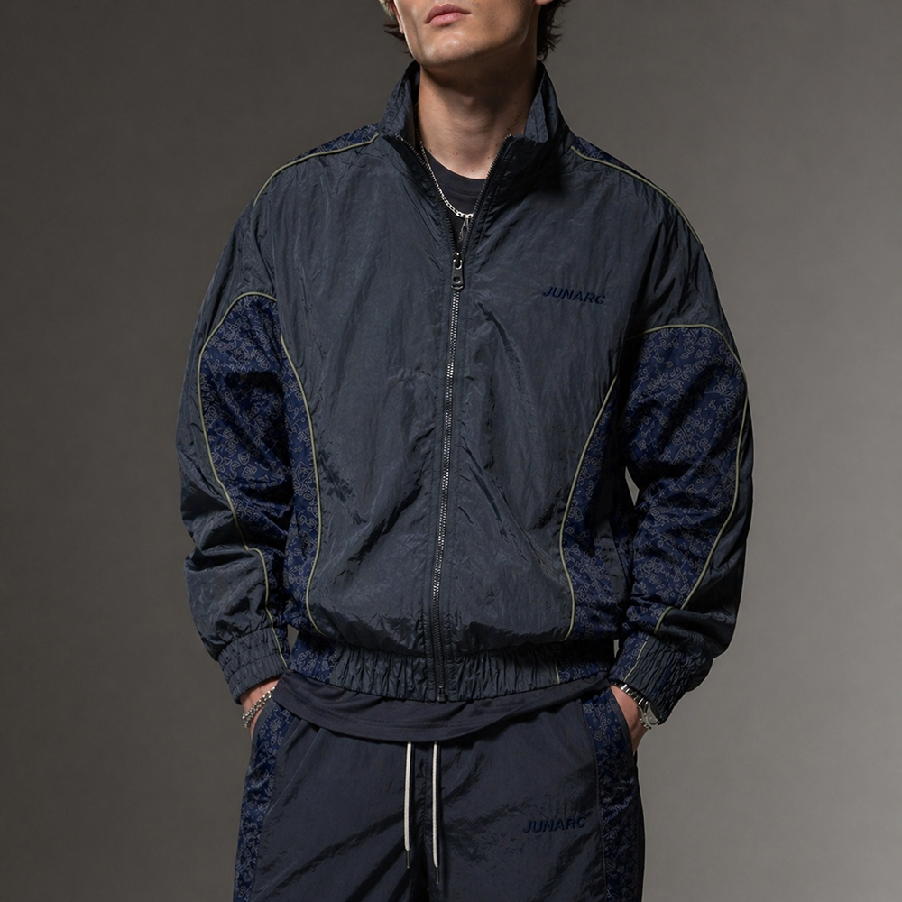 Custom Logo Navy Nylon Quilted Jacket O-Neck Jacquard Panel Zip-Up Windbreaker Streetwear Spring Thin For Men Private Label