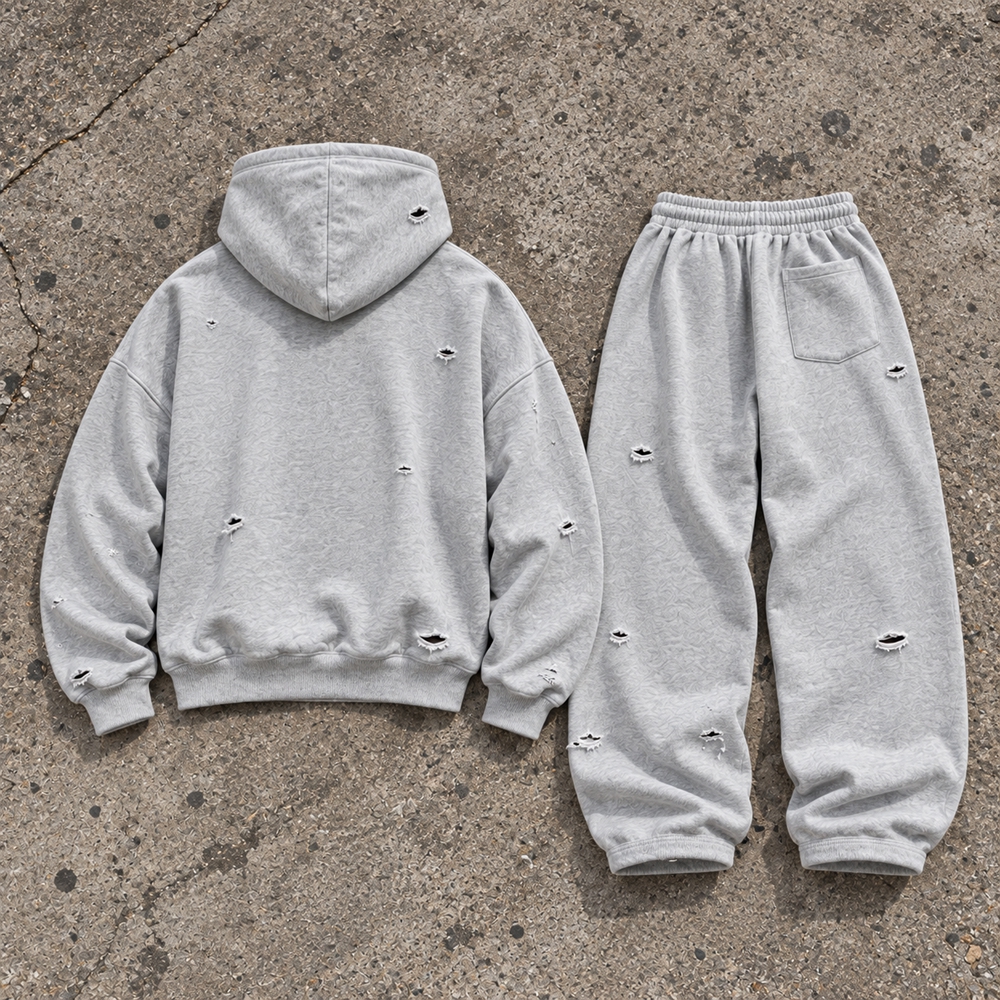 Custom Heavyweight 320 GMS Sweatsuit Oversized Blank Hoodie Set Baggy Streetwear Reflective Unisex Tracksuit Men Sweatpants Set