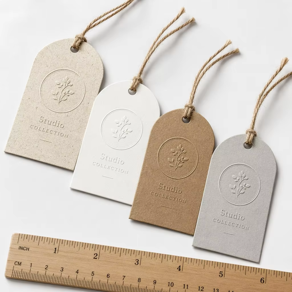 Custom Arched Hang Tags | Oatmeal Cotton Paper | Deep Debossed Logo | Garment Clothing Labels OEM Low MOQ 100