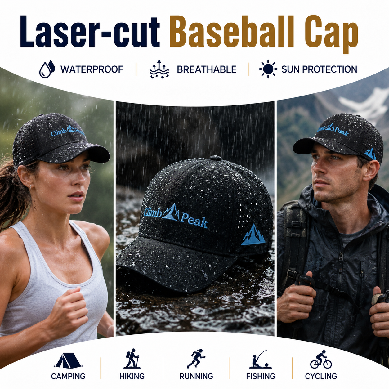 Custom Silicone Patch Logo Baseball Cap 6 Panel Laser Perforated Breathable Structured Snapback OEM Logo Hat